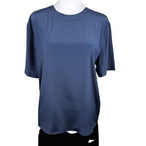 Nell Flowers J.G. Hook Blue Blouse Sz L/XL Short Sleeve Minimalist Silk Look Top